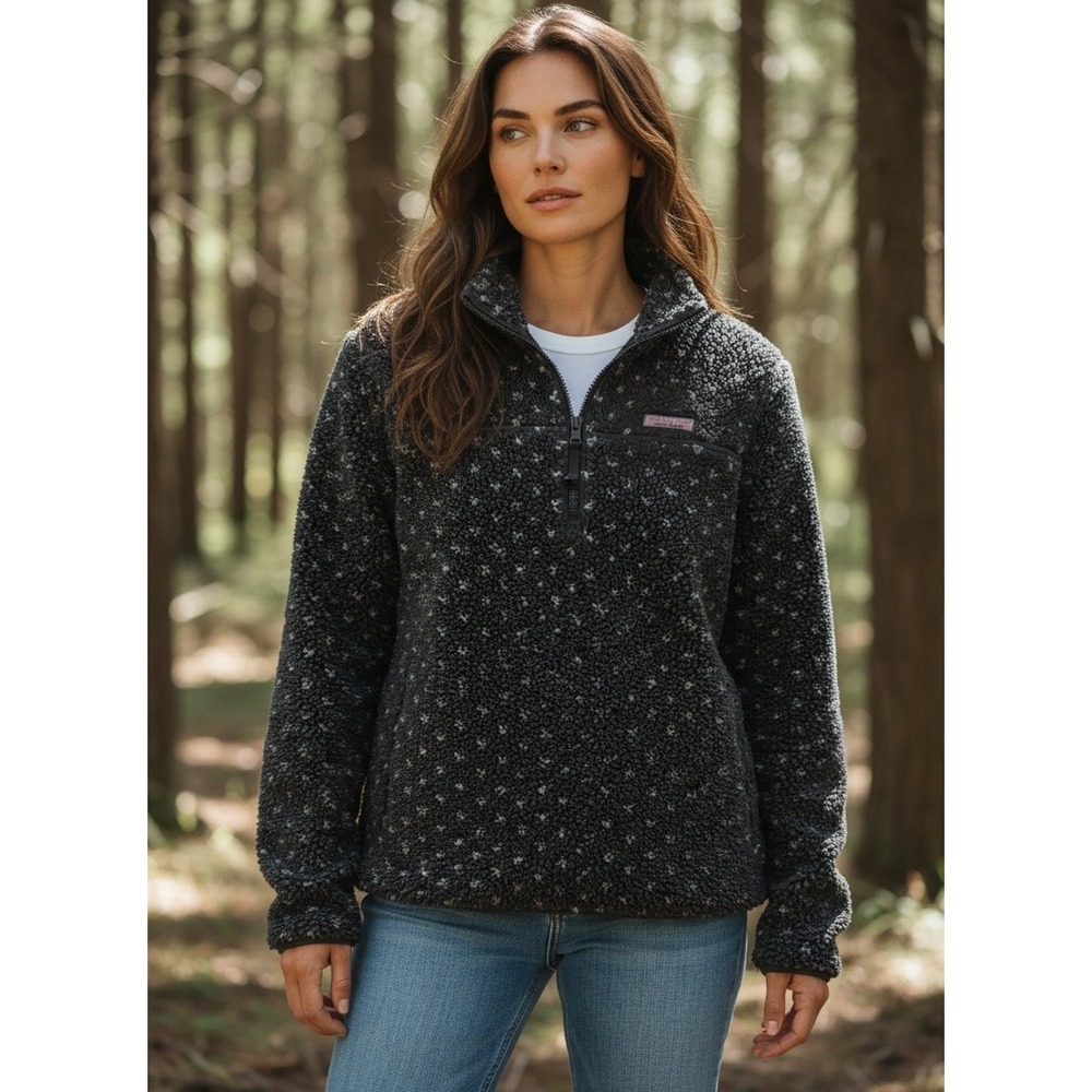 Vineyard Vines Womens Gray Speckled Sherpa Fleece Quarter Zip Pullover Medium